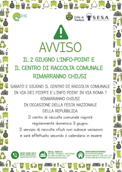 2 GIUGNO IL CENTRO DI RACCOLTA COMUNALE RIMANE CHIUSO
