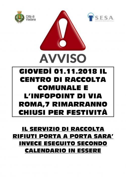 1 NOVEMBRE  CHIUSURA CENTRO DI RACCOLTA E INFOPOINT